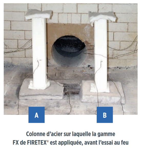 Colonne d'acier sur laquelle est appliquée la peinture intumescente, avant l'essai au feu