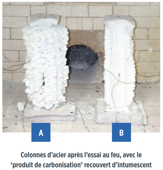 Colonne d'acier après l'essai au feu, avec le produit de carbonisation recouvert d'intumescent