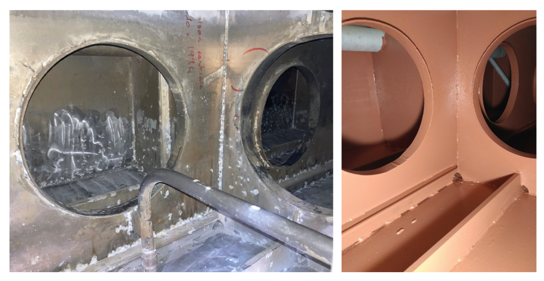 Evolution du chantier de peinture dans les ballasts du bateau