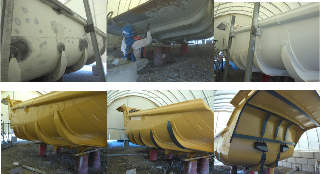 Mise en peinture d'une benne de Dumper sur site